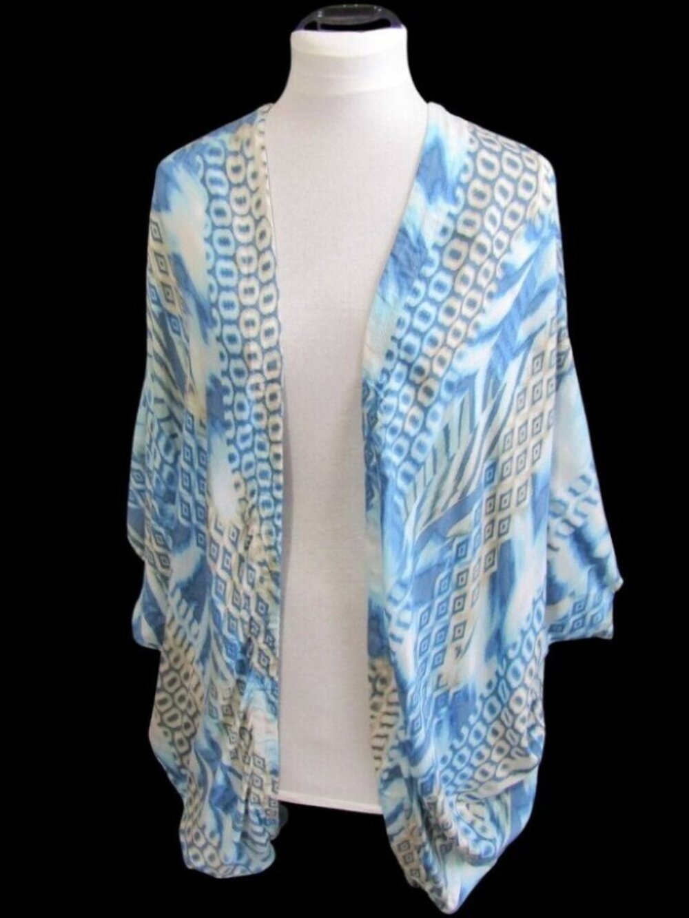 Chicos White Blue Geometric Kimono Style Jacket Size S M